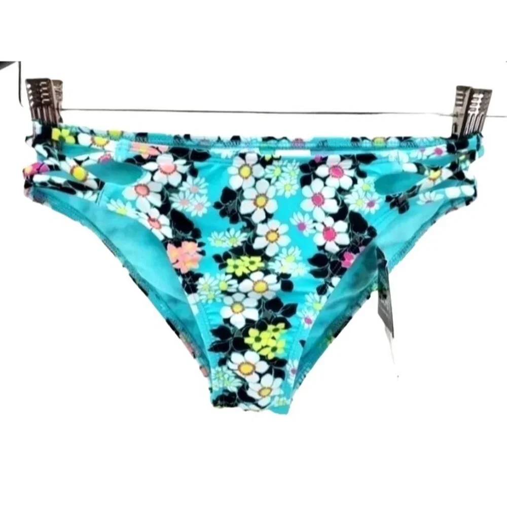 California Waves XS Bikini Bottom Strappy Hipster Cutout side Colorful Floral